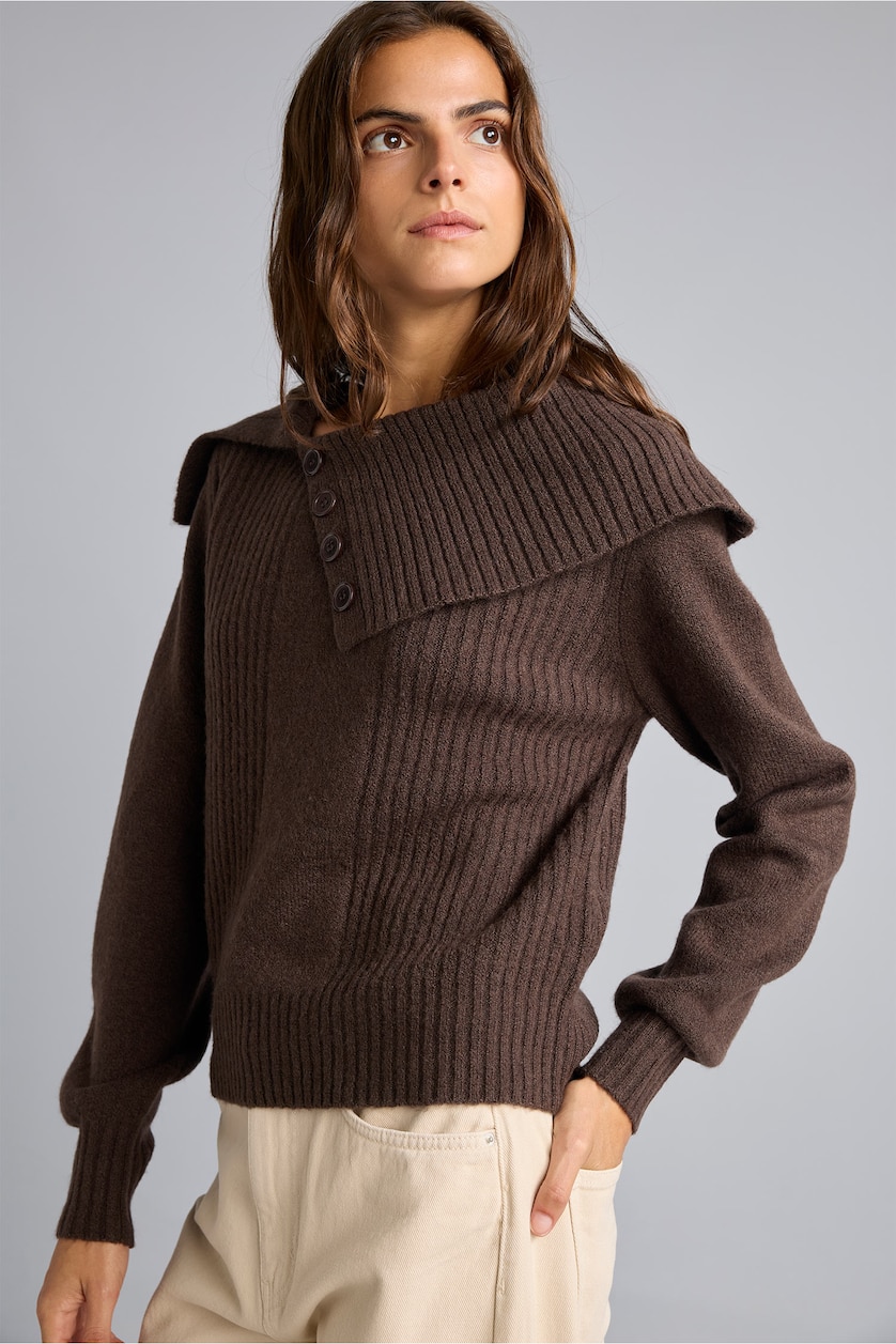 FEMME Marron Pull en mélange de laine à col châle Coupe régulière