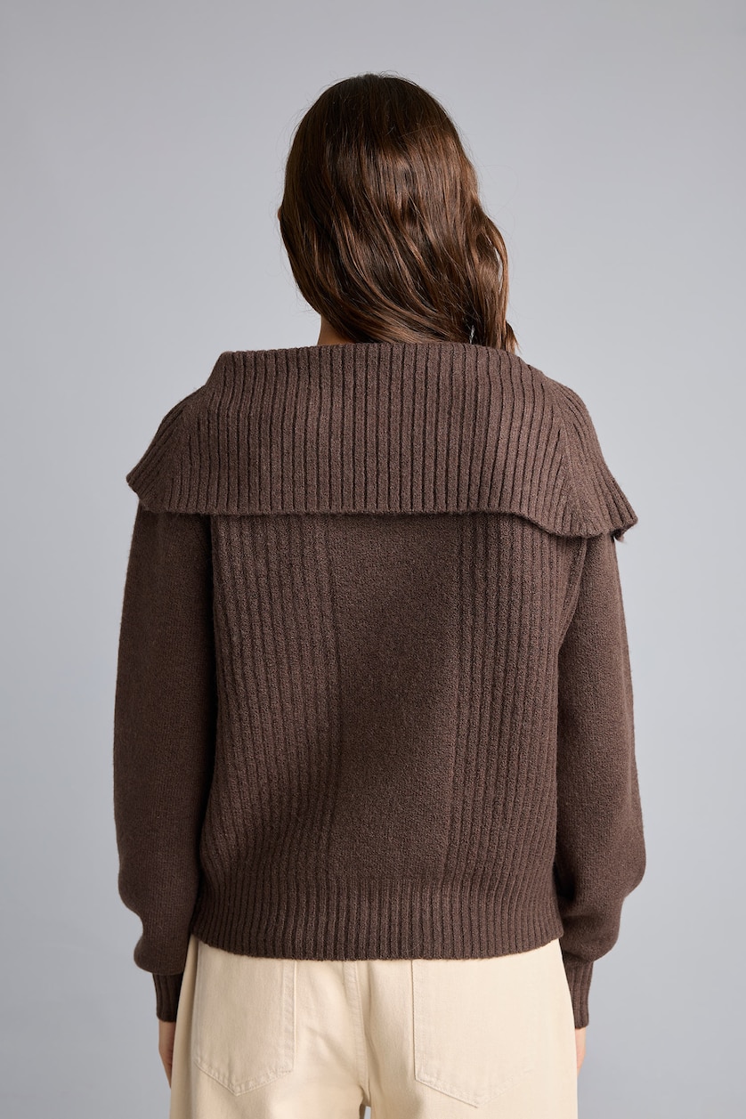 FEMME Marron Pull en mélange de laine à col châle Coupe régulière