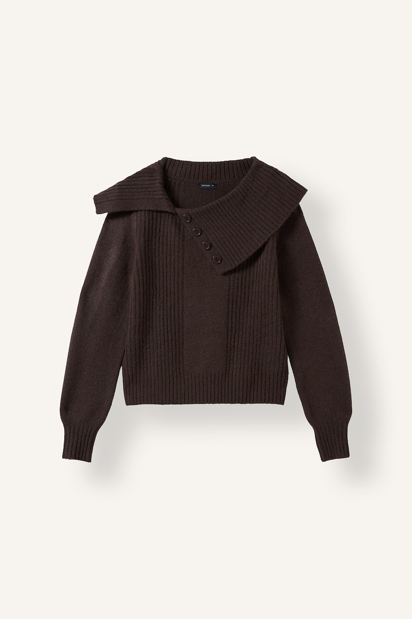 FEMME Marron Pull en mélange de laine à col châle Coupe régulière