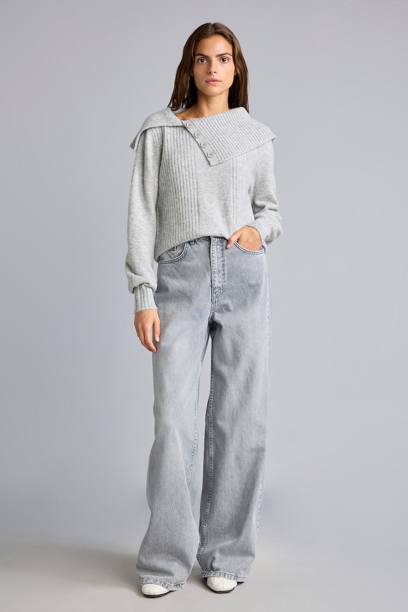 FEMME Gris Pull en mélange de laine à col châle Coupe régulière