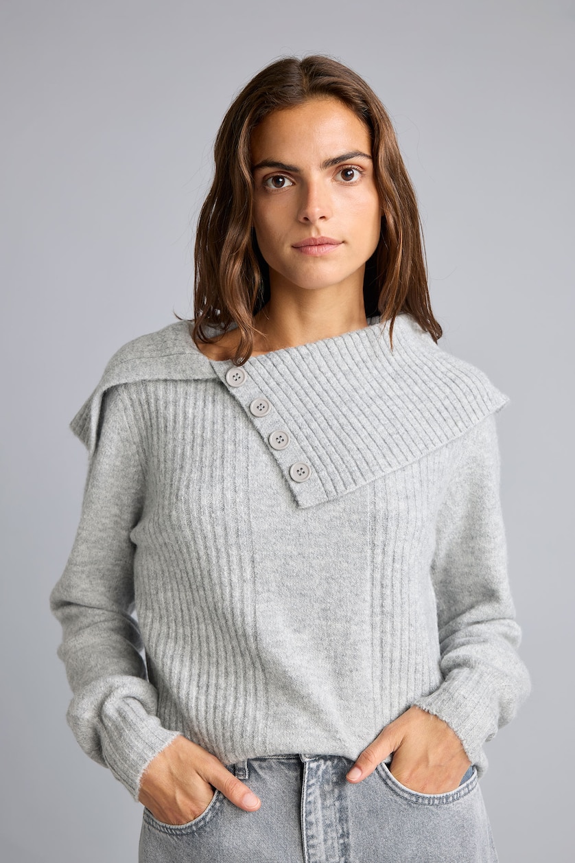 FEMME Gris Pull en mélange de laine à col châle Coupe régulière