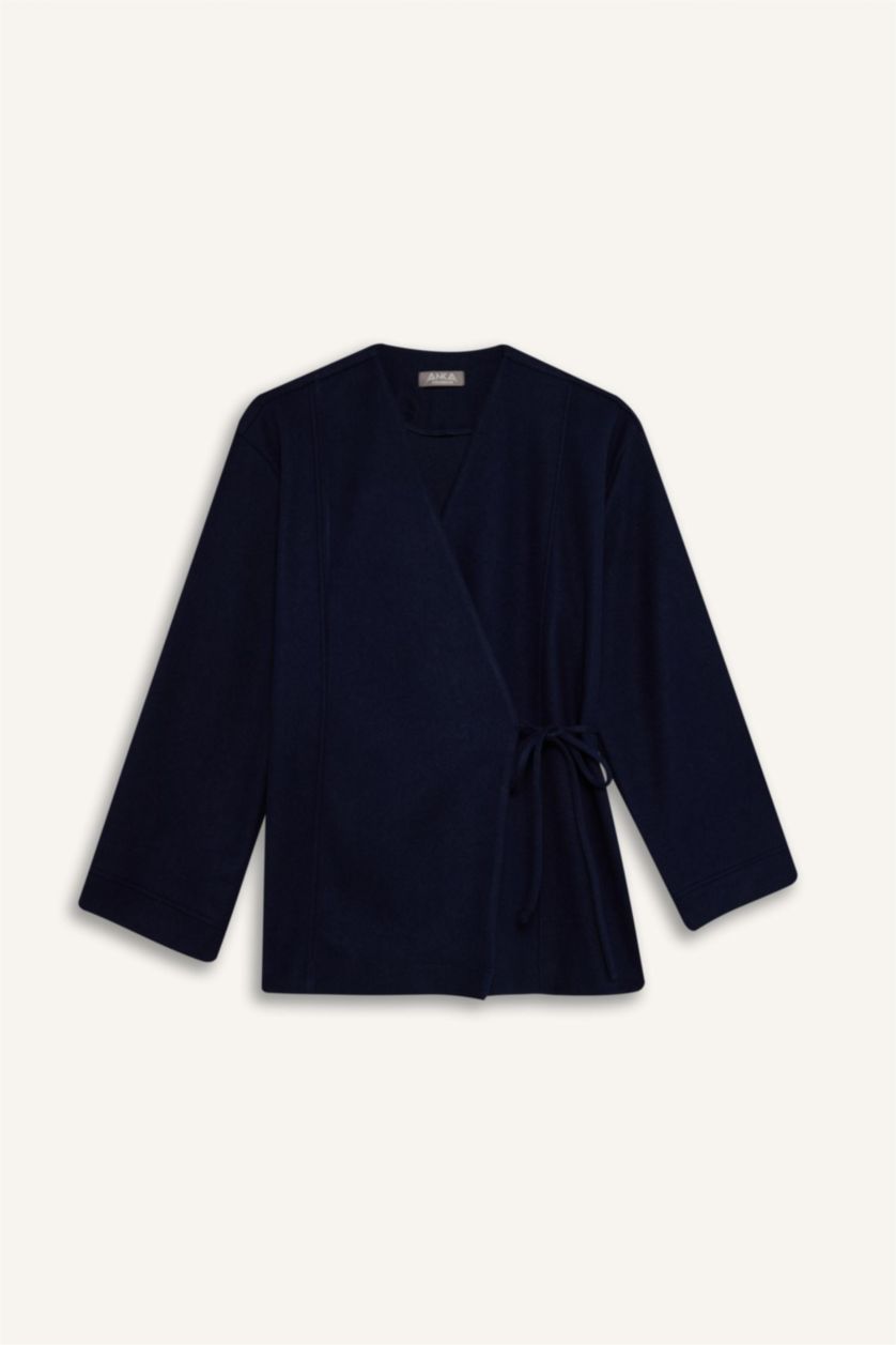 Kadın Lacivert Fıtted İçi Yumuşak Tüylü Bağlamalı Hırka