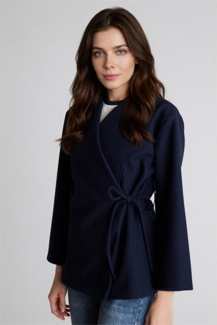 Kadın Lacivert Fıtted İçi Yumuşak Tüylü Bağlamalı Hırka