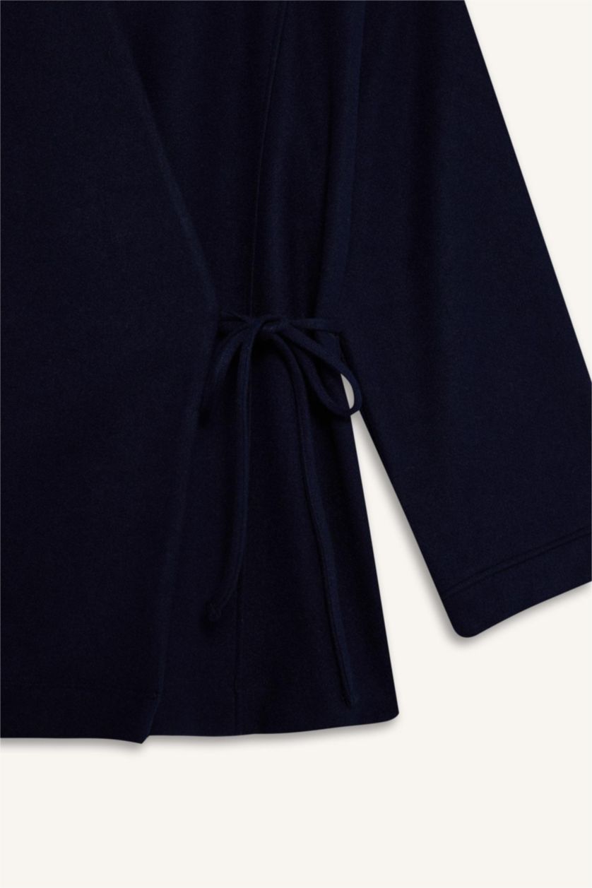 Kadın Lacivert Fıtted İçi Yumuşak Tüylü Bağlamalı Hırka