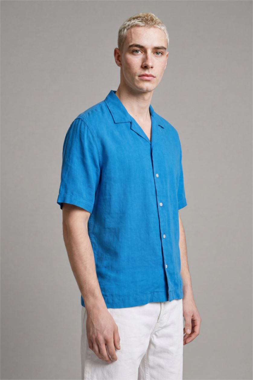 رجالي اللون الملكي Boxy Fit Sensual Short Sleeve Shirt