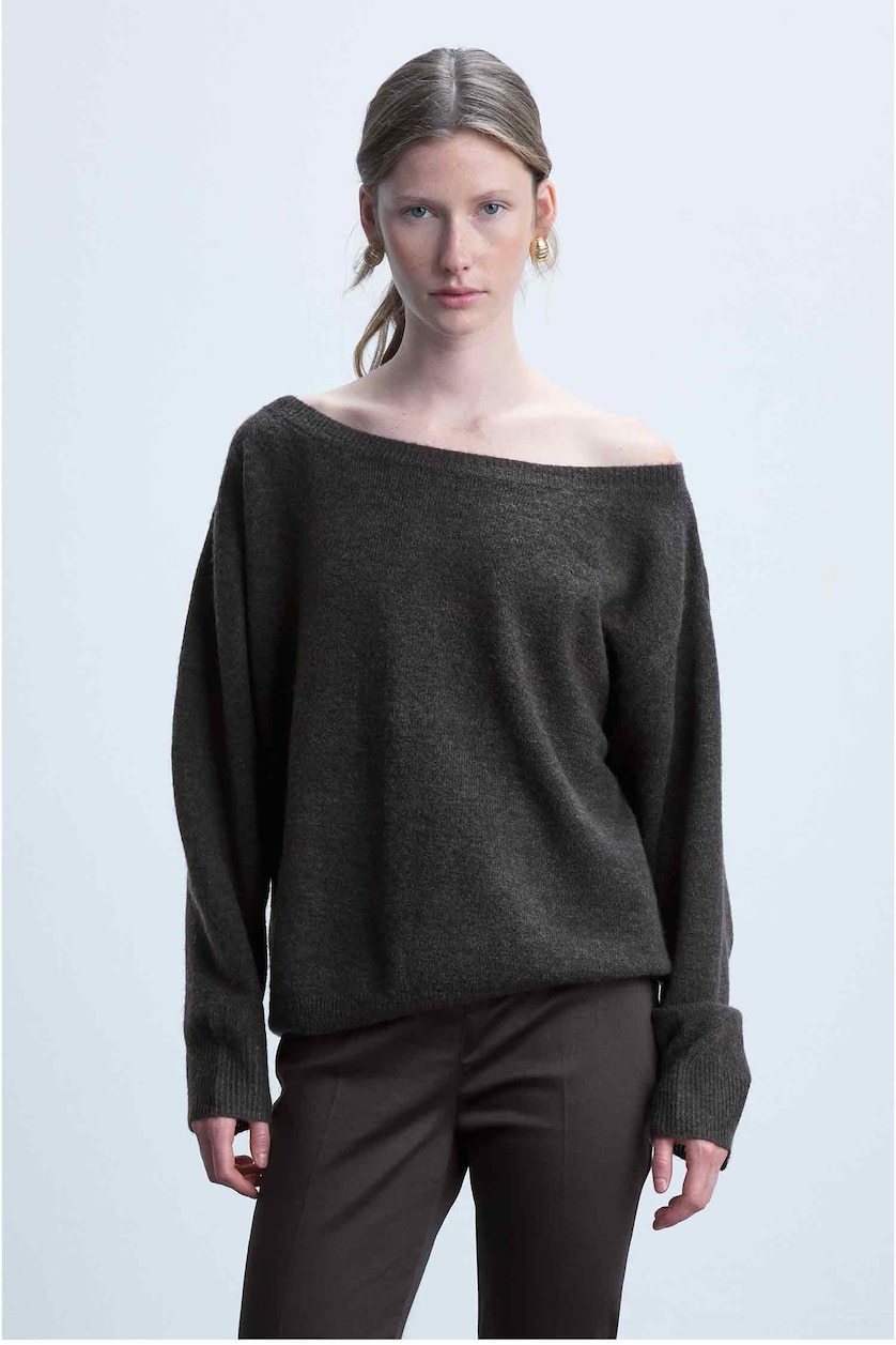 FEMME Marron Pull en maille basique à col bateau Coupe régulière