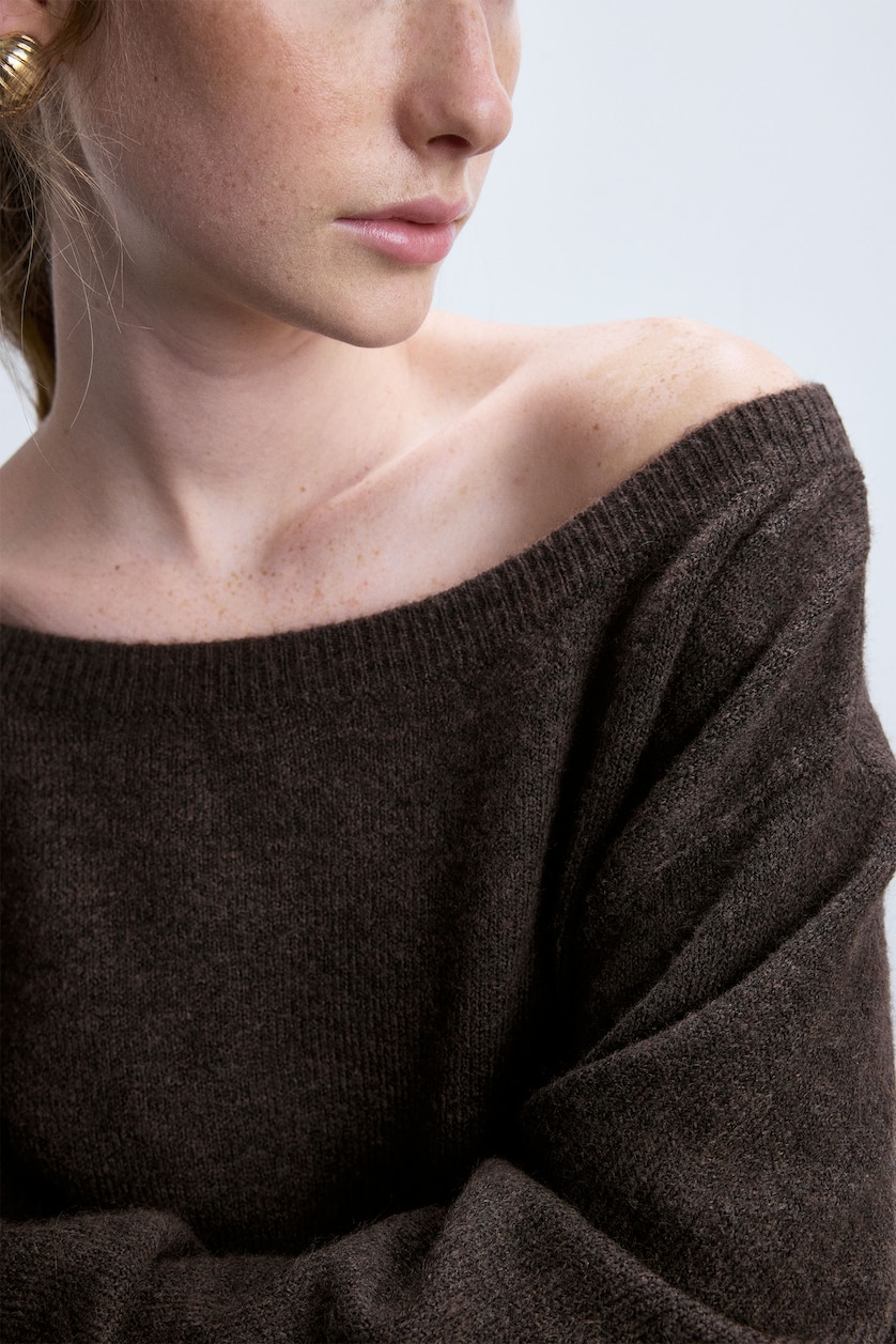FEMME Marron Pull en maille basique à col bateau Coupe régulière