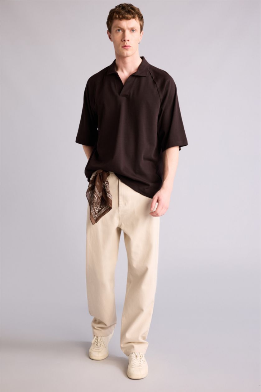 Erkek Kahve Loose Fıt Polo Yaka Kısa Kollu Polo Tişört