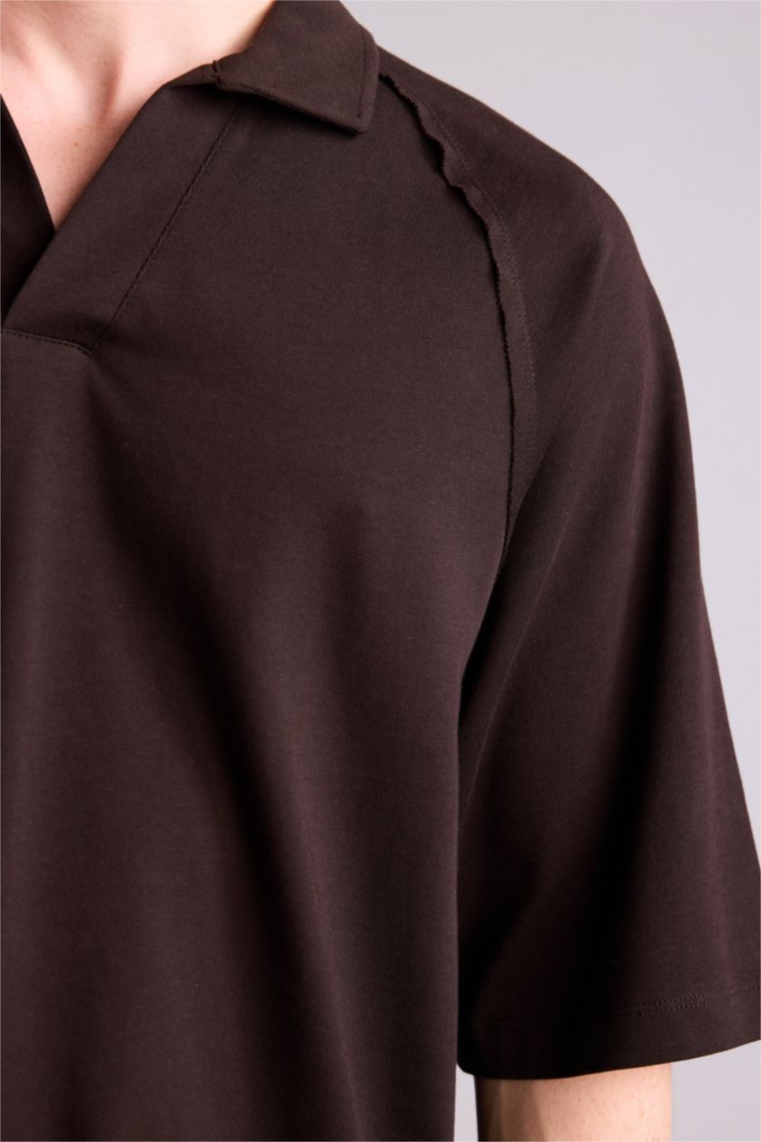 Erkek Kahve Loose Fıt Polo Yaka Kısa Kollu Polo Tişört