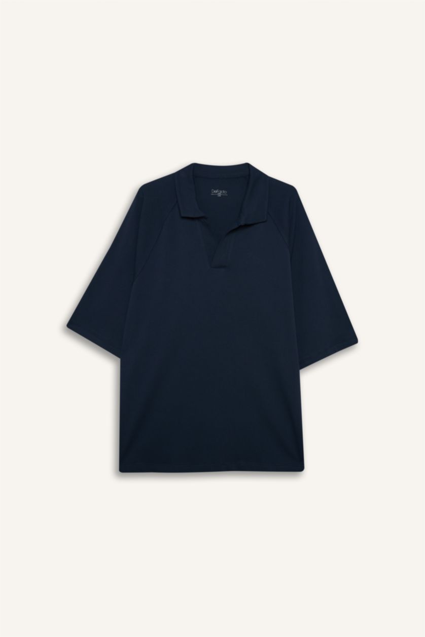 Erkek Lacivert Loose Fıt Polo Yaka Kısa Kollu Polo Tişört