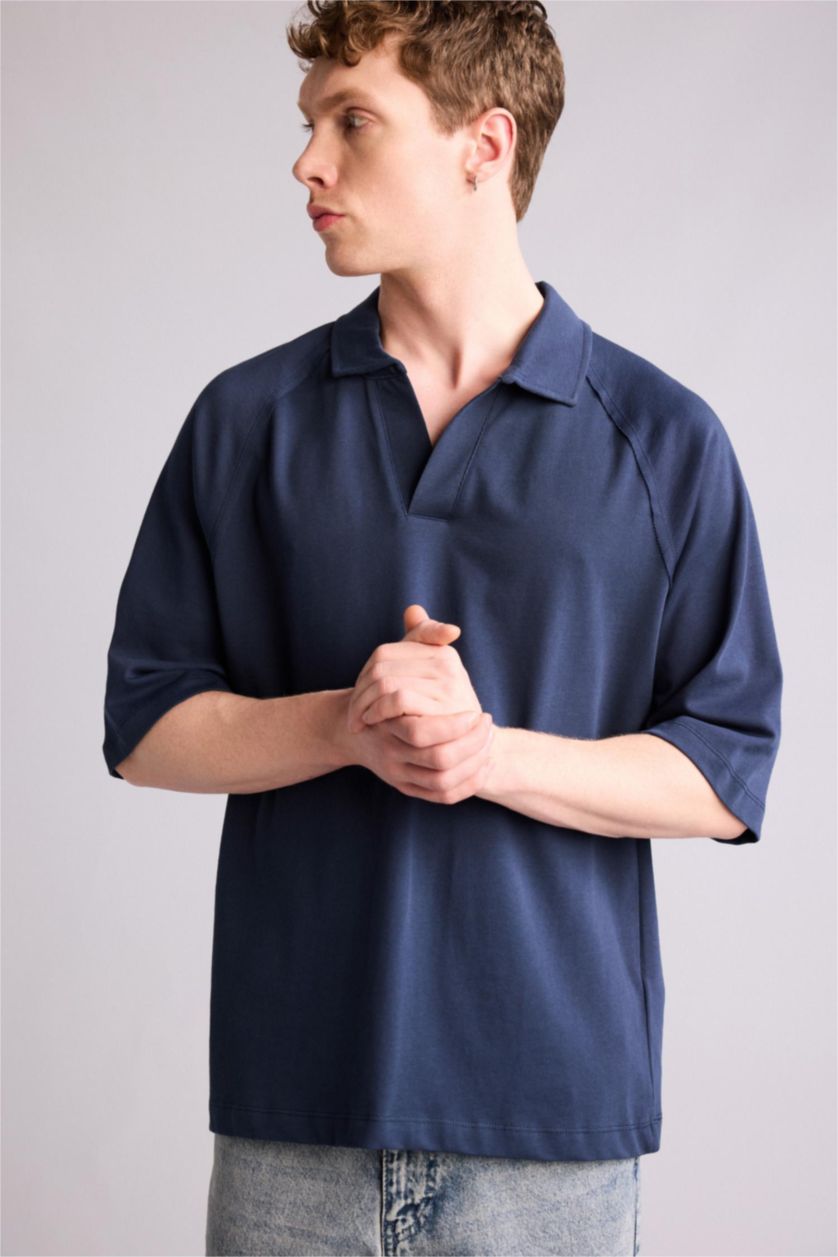 Man NAVY تيشيرت بولو نص ردن قصة فضفاضة