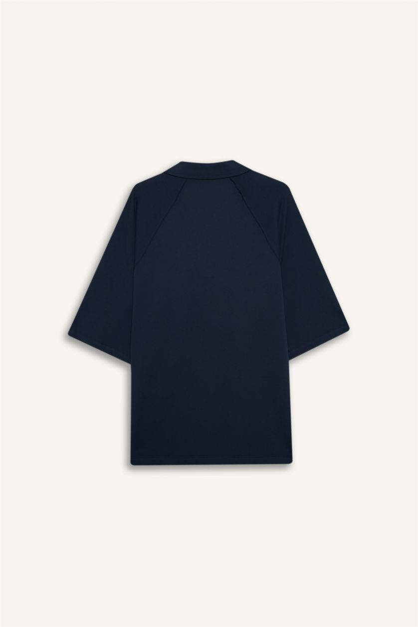 Erkek Lacivert Loose Fıt Polo Yaka Kısa Kollu Polo Tişört