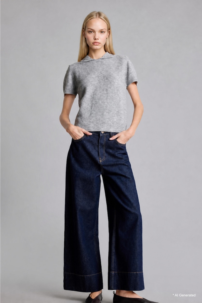 FEMME Gris Pull à manches courtes et col polo en mélange de laine Coupe régulière