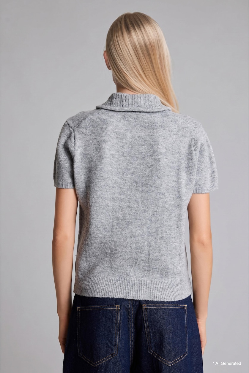 FEMME Gris Pull à manches courtes et col polo en mélange de laine Coupe régulière
