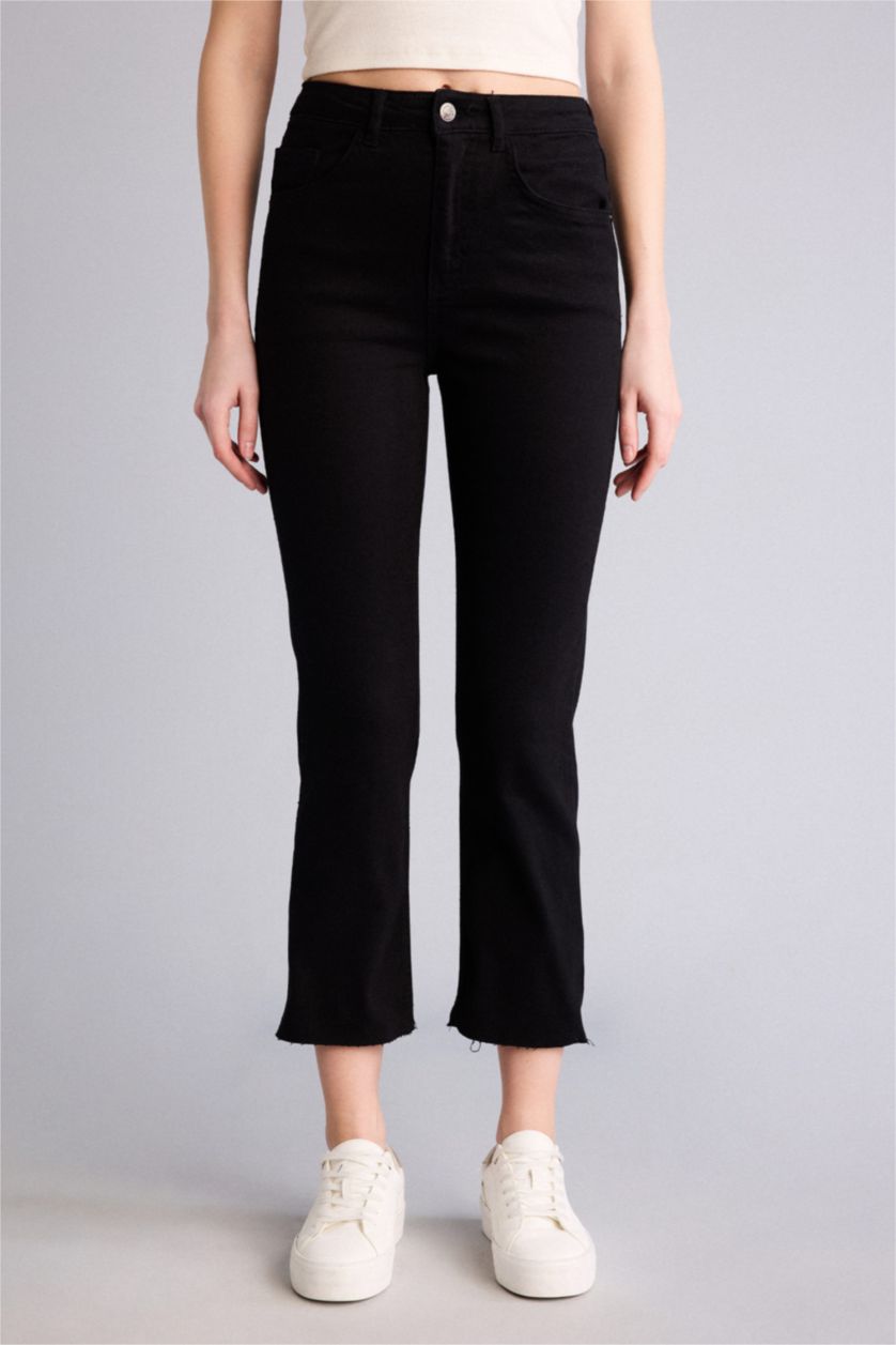 Kadın Siyah Normal Bel Crop Fit Gabardin Pantolon