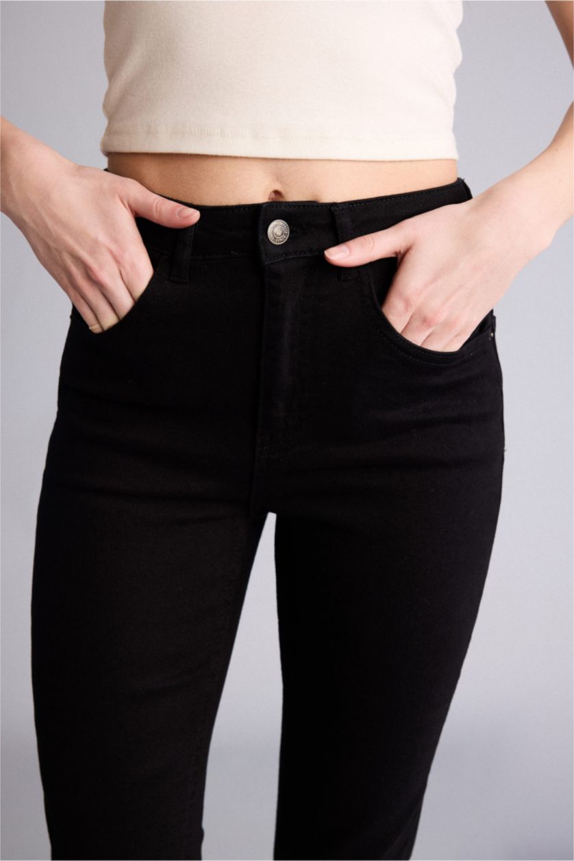 Kadın Siyah Normal Bel Crop Fit Gabardin Pantolon