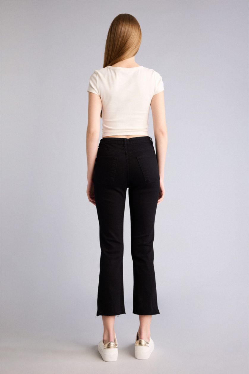 Kadın Siyah Normal Bel Crop Fit Gabardin Pantolon