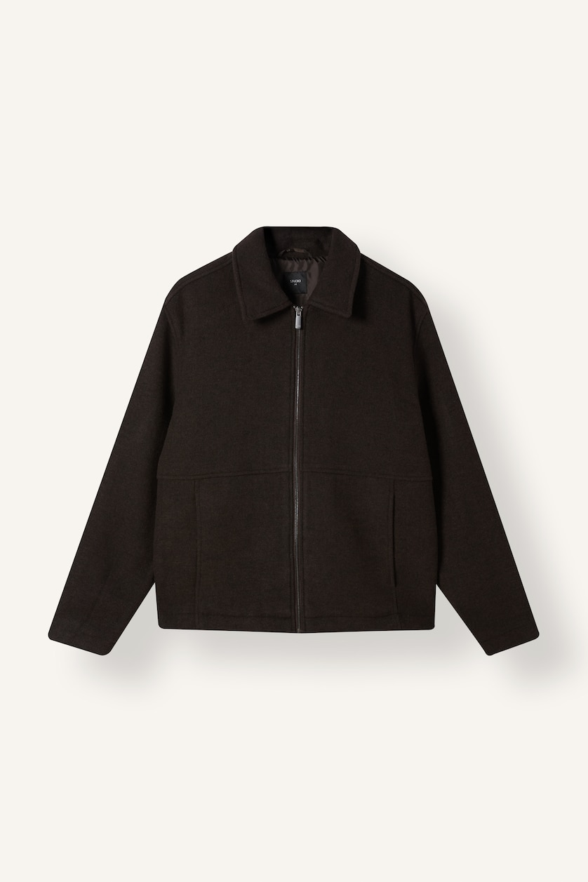 Man Brown Zipper Polo Collar Puffer Jacket