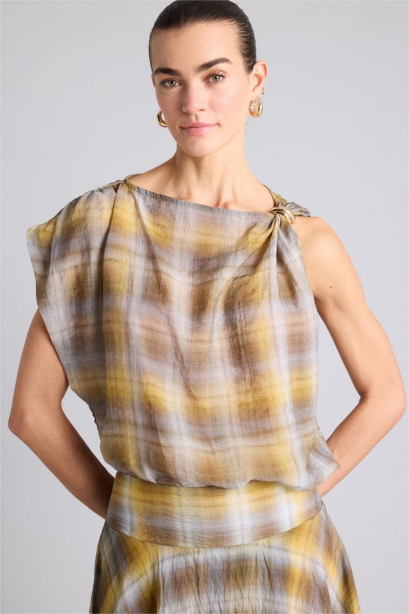 Kadın Haki Regular Fıt Kareli Modal Kolsuz Bluz