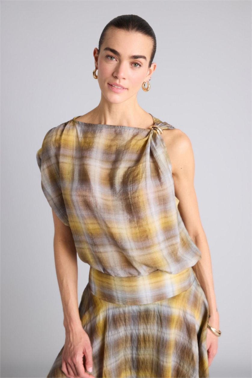 Kadın Haki Regular Fıt Kareli Modal Kolsuz Bluz