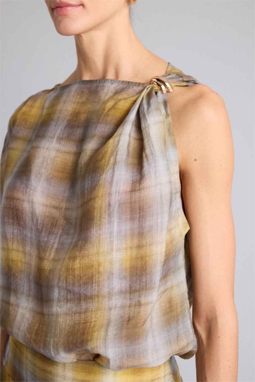 Kadın Haki Regular Fıt Kareli Modal Kolsuz Bluz