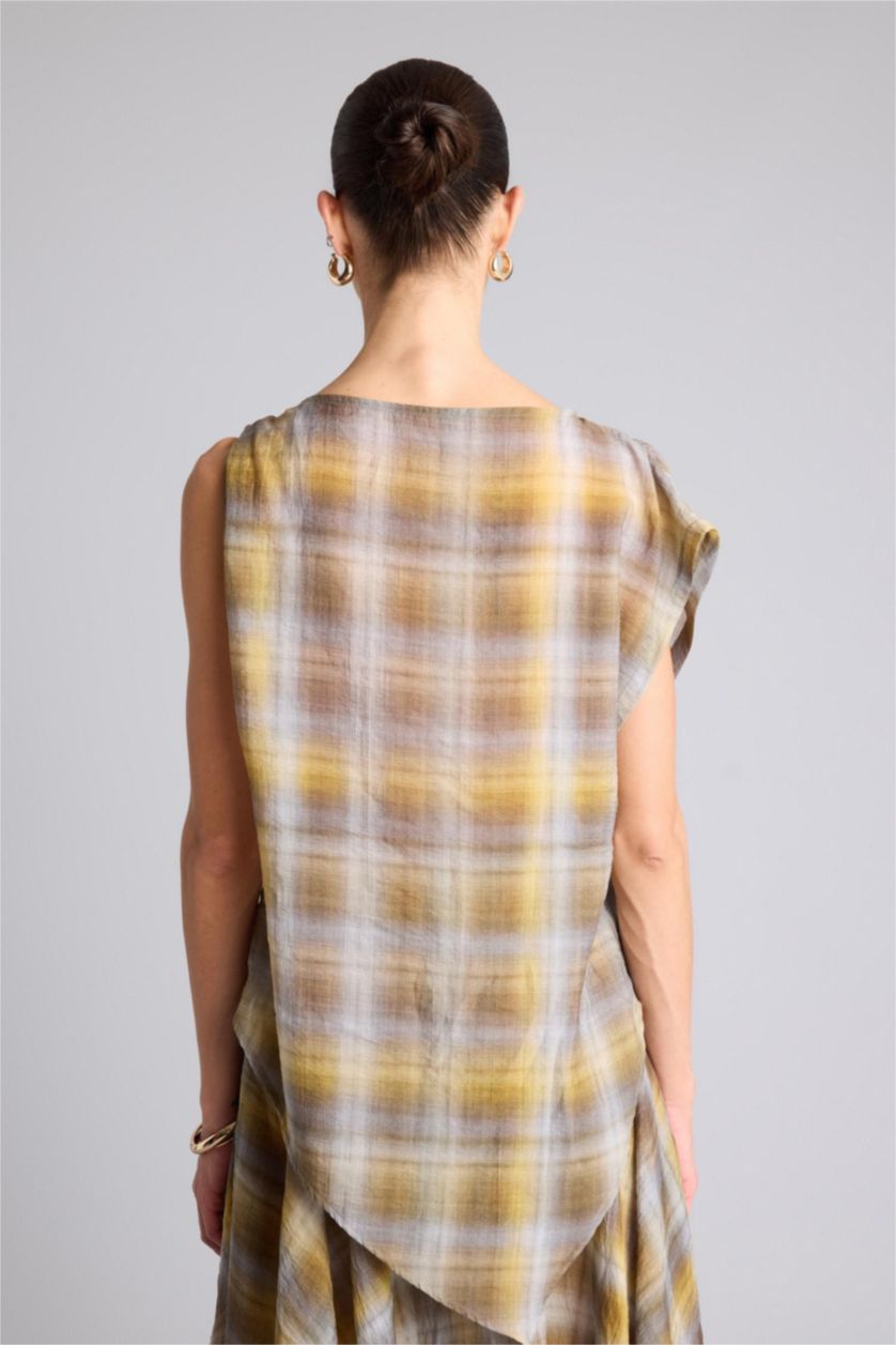 Kadın Haki Regular Fıt Kareli Modal Kolsuz Bluz