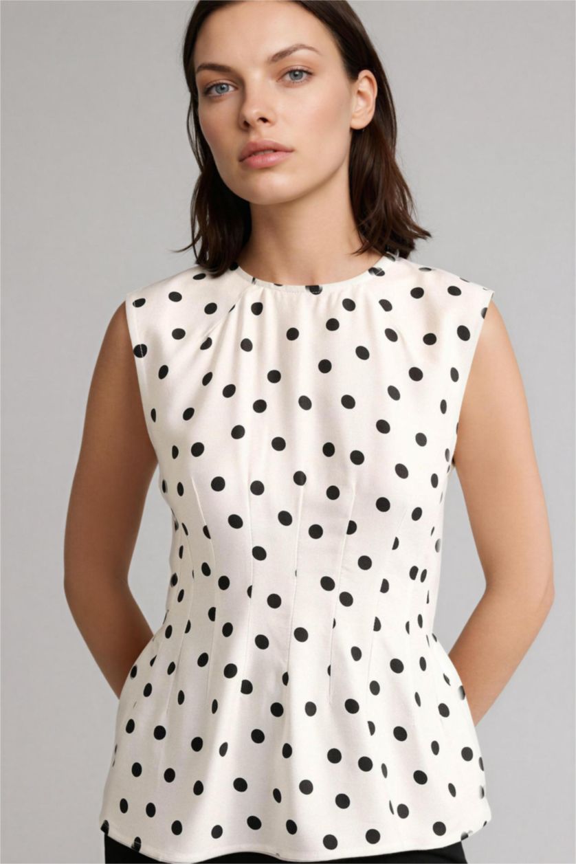 Kadın Ekru Fıtted Puantiyeli Belmando Bluz