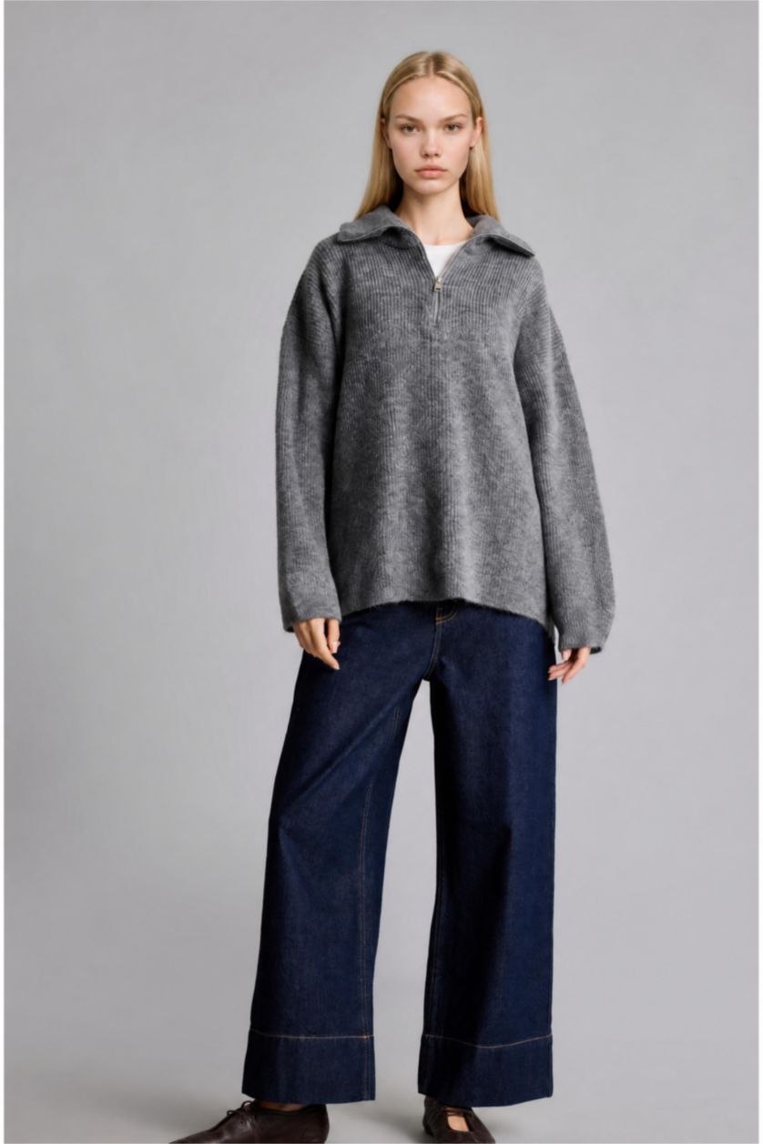 Kadın Antrasit Oversize Polo Yaka Kazak