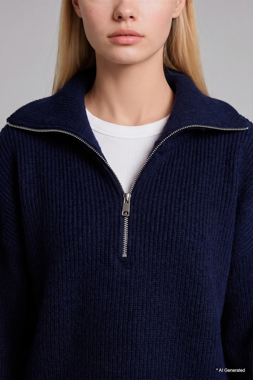 FEMME Marin Pull bleu marine oversize à col polo et fermeture éclair