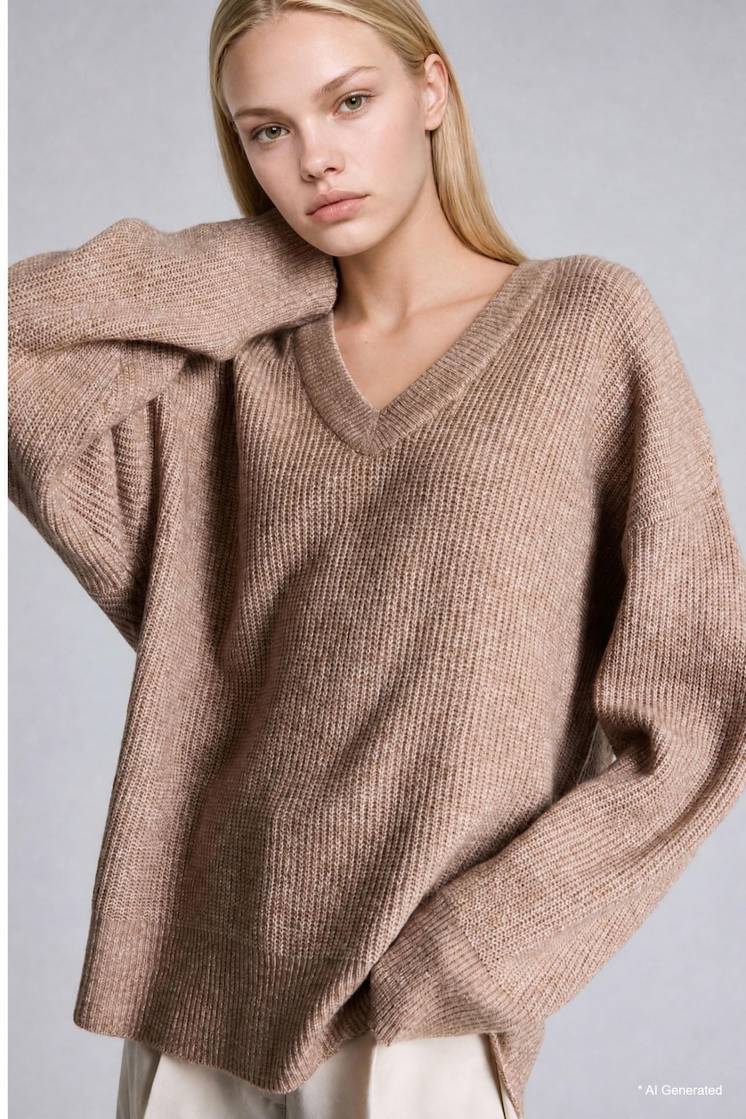FEMME Beige Pull en tissu selanik à col V Coupe oversize