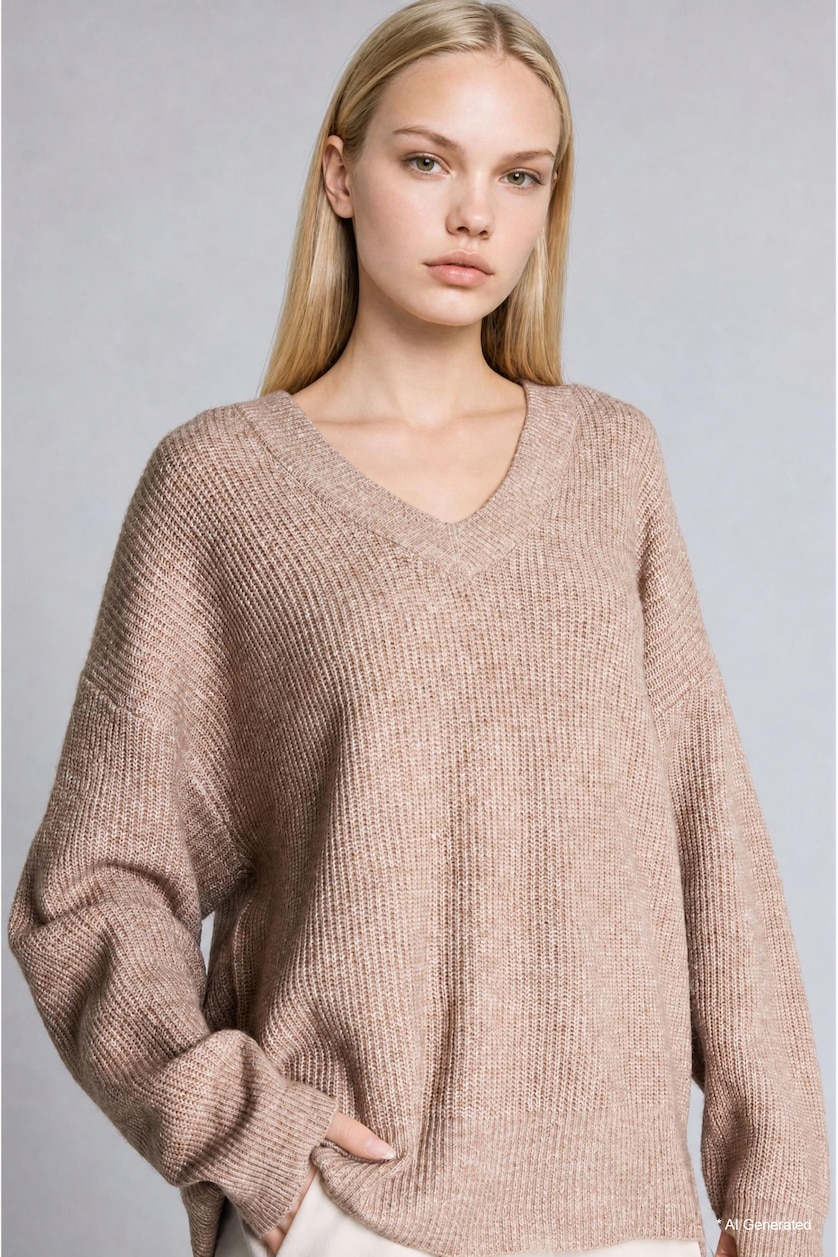 FEMME Beige Pull en tissu selanik à col V Coupe oversize