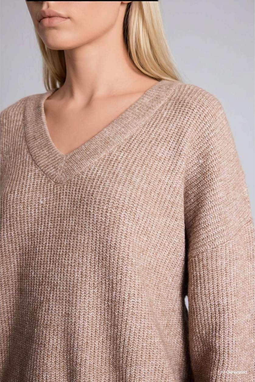 FEMME Beige Pull en tissu selanik à col V Coupe oversize