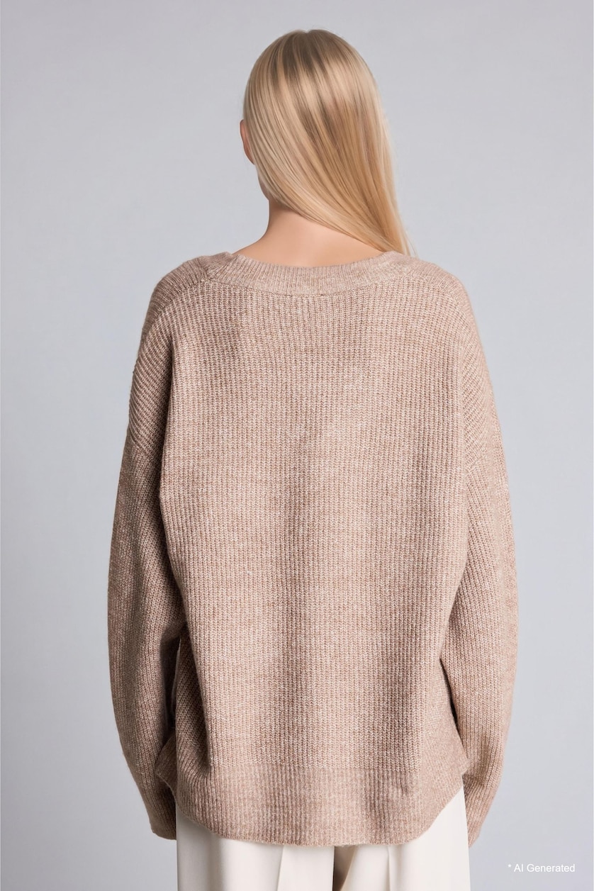 FEMME Beige Pull en tissu selanik à col V Coupe oversize