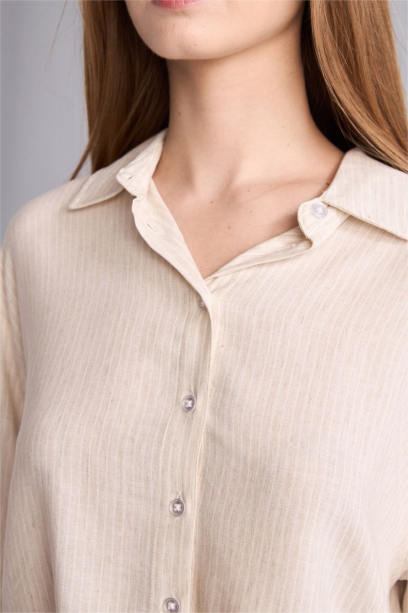 Kadın Bej Oversize Kısa kollu Keten Gömlek