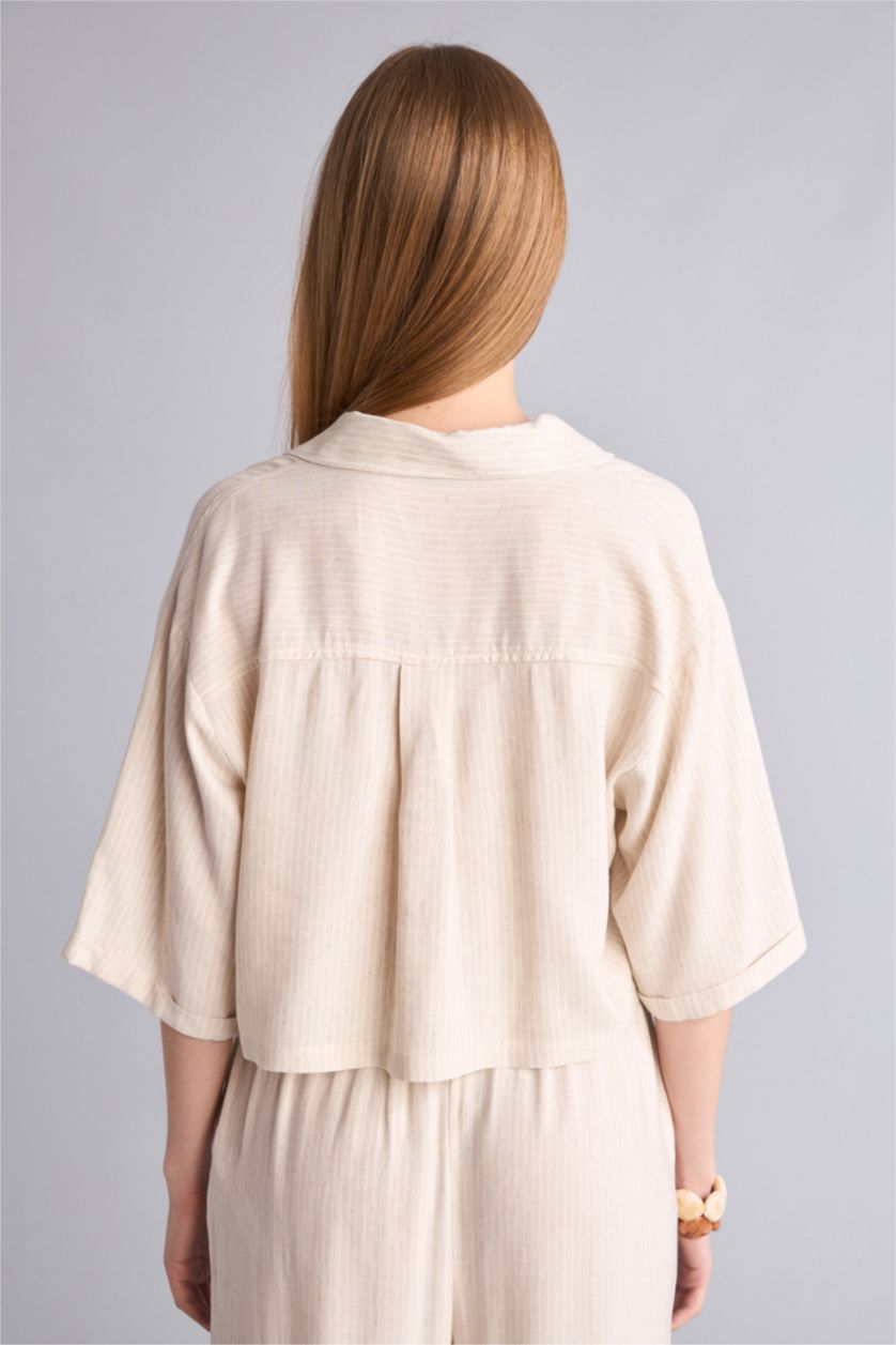 Kadın Bej Oversize Kısa kollu Keten Gömlek