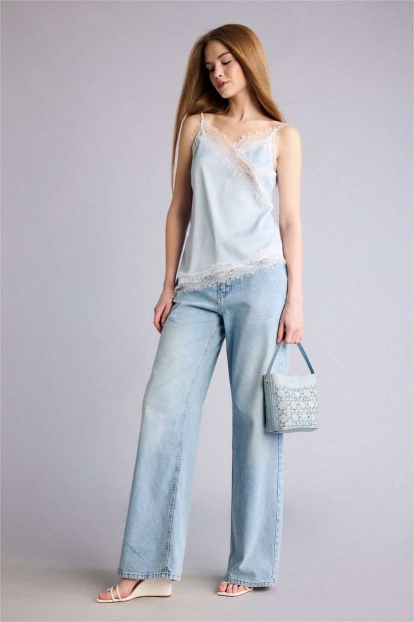 WOMAN Light Blue Regular Fit V-Neck Sleeveless Blouse