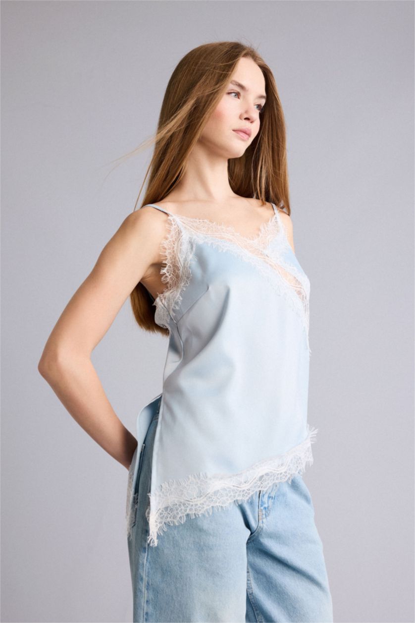 WOMAN Light Blue Regular Fit V-Neck Sleeveless Blouse