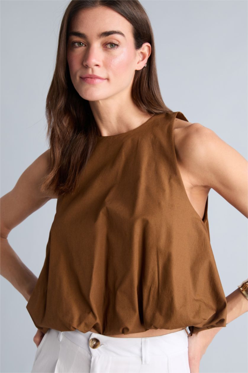 Kadın Açık Kahve Balloon Fit Poplin Bluz