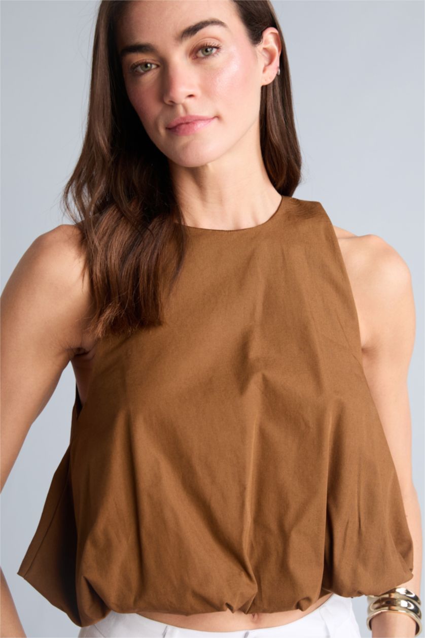 Kadın Açık Kahve Balloon Fit Poplin Bluz