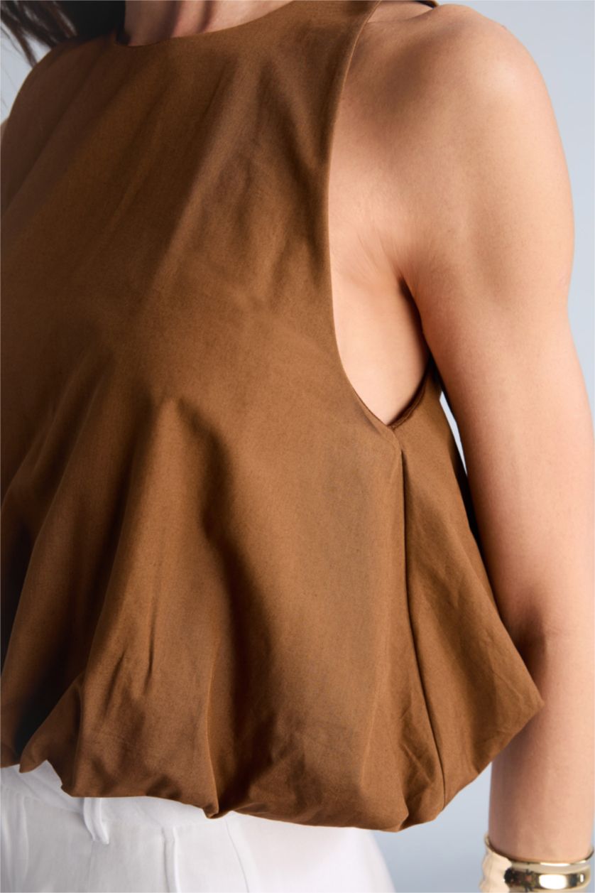 Kadın Açık Kahve Balloon Fit Poplin Bluz