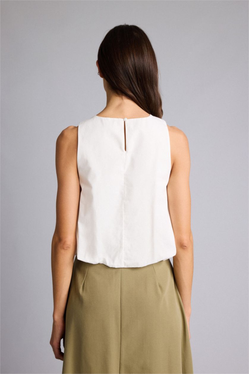 Kadın Kırık Beyaz Balloon Fıt Bisiklet Yaka Poplin Kolsuz Bluz