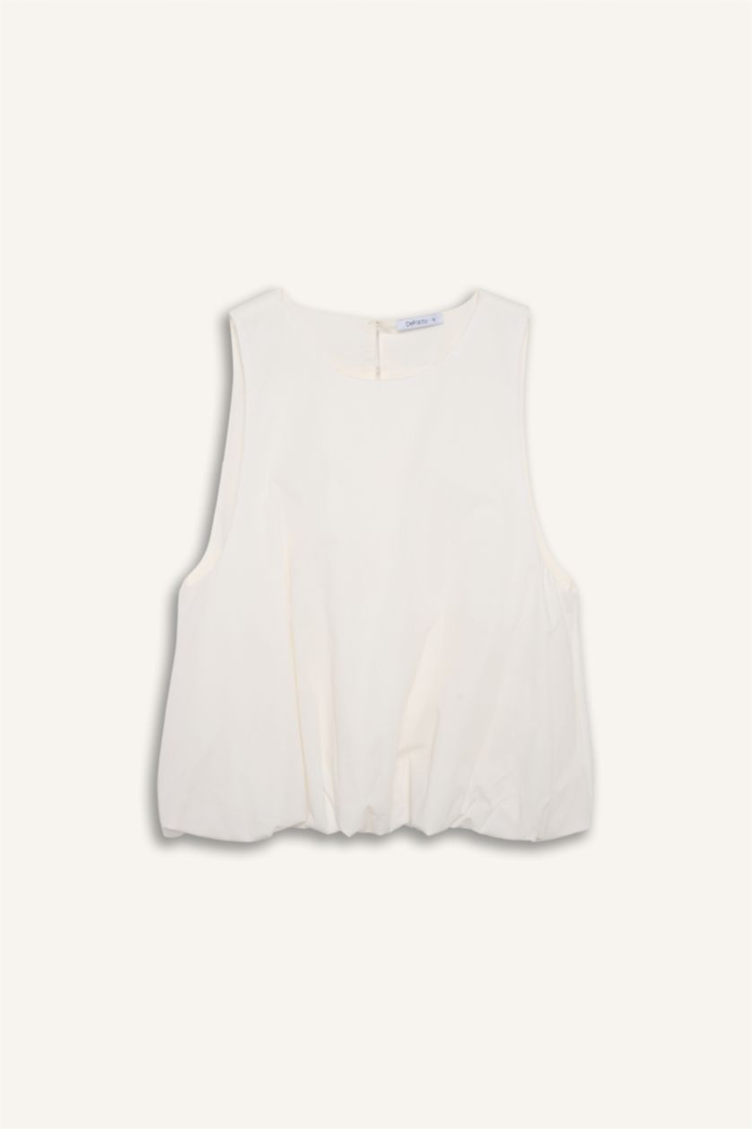 WOMAN White بلوزة كت بوبلين بالون فيت بياقة مستديرة