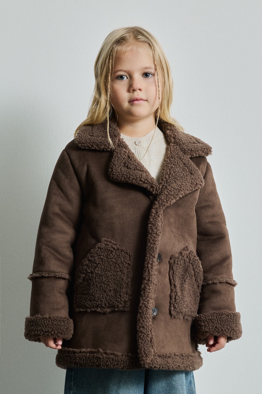 BÉBÉ FILLE Marron Veste longue aspect daim à col tailleur avec détails en peluche pour bébé fille