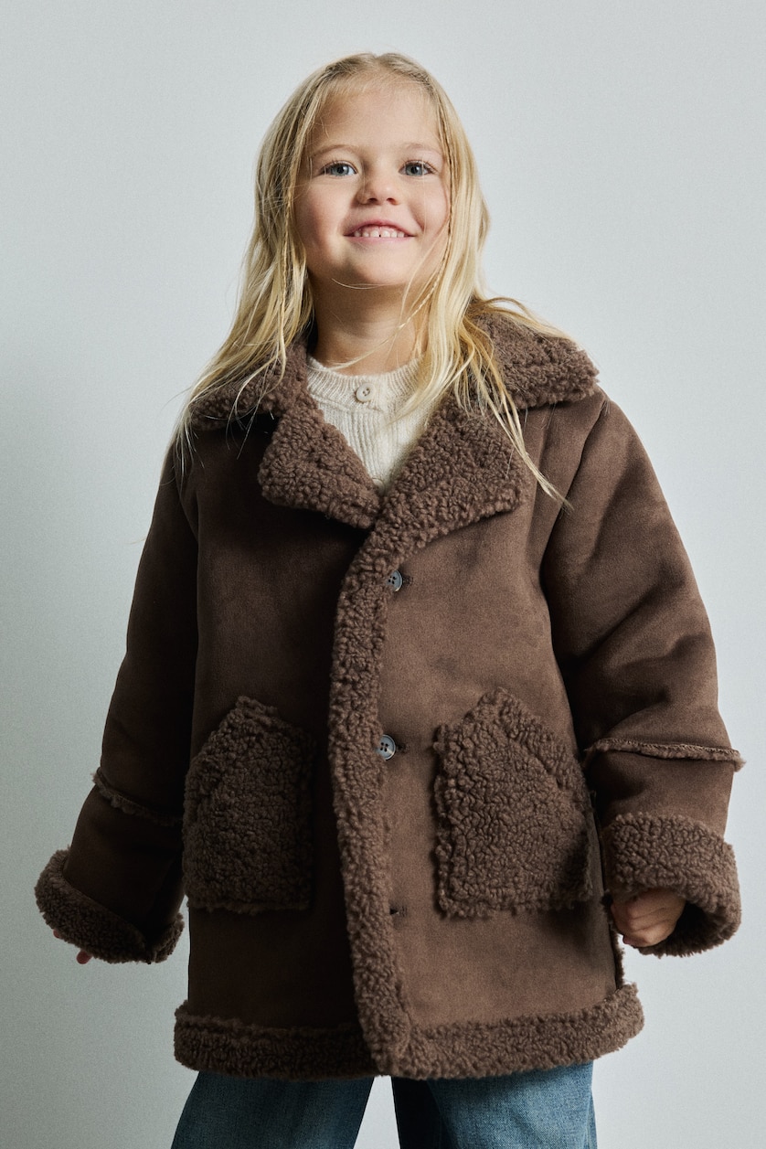 BÉBÉ FILLE Marron Veste longue aspect daim à col tailleur avec détails en peluche pour bébé fille