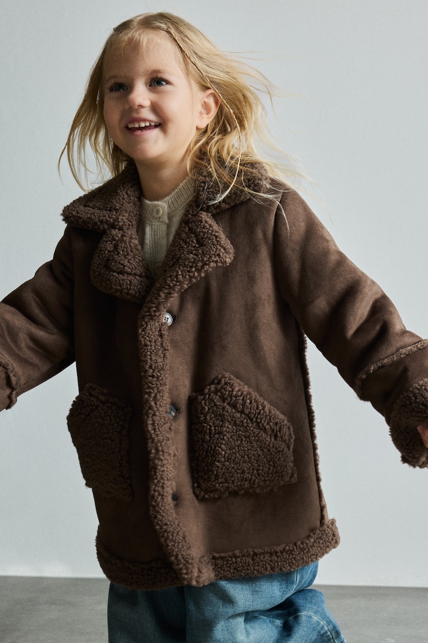 BÉBÉ FILLE Marron Veste longue aspect daim à col tailleur avec détails en peluche pour bébé fille