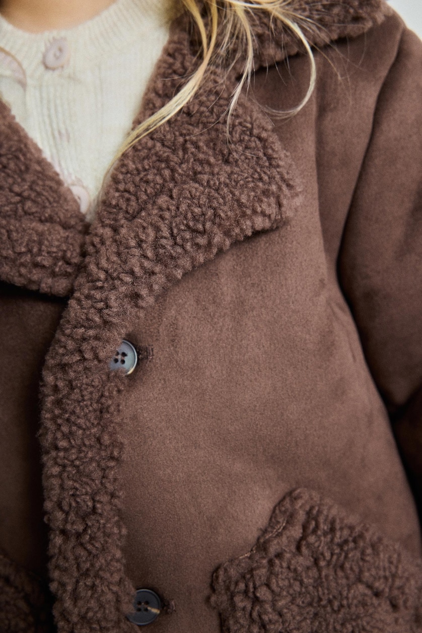 BÉBÉ FILLE Marron Veste longue aspect daim à col tailleur avec détails en peluche pour bébé fille