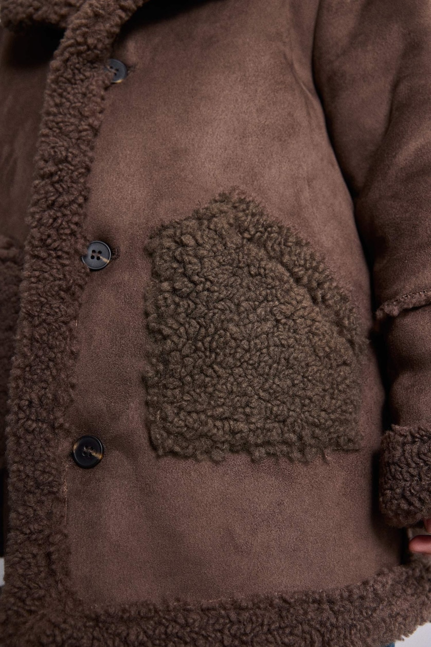 BÉBÉ FILLE Marron Veste longue aspect daim à col tailleur avec détails en peluche pour bébé fille