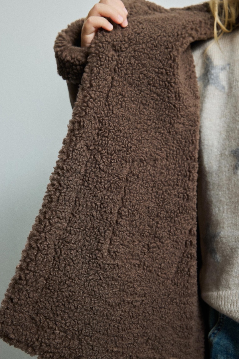 BÉBÉ FILLE Marron Veste longue aspect daim à col tailleur avec détails en peluche pour bébé fille