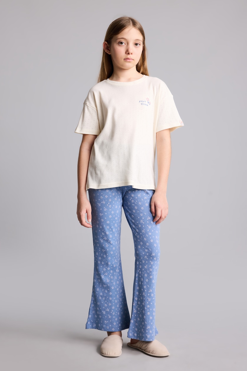 Kız Çocuk - Genç Kız Ekru %100 Pamuk Regular Fıt 2'li Pijama Takımı Kız Çocuk