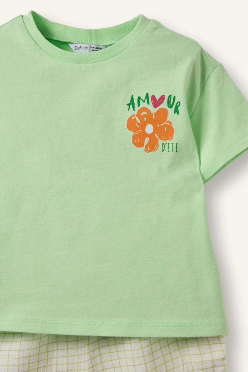 Kız Bebek Açık Yeşil Çiçekli Tişört Kareli Pantolon 2'li Takım Kız Bebek